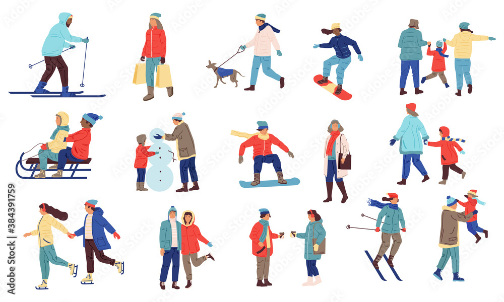 Winter activity people. Cartoon crowd of characters playing snowballs, snowboarding, skiing. Family walks with dogs, outdoor extreme sport. Cold season outerwear and goods advertising vector set