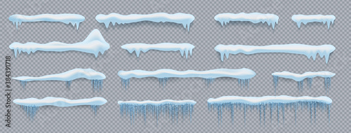 Snow caps. Winter snowfall, roof and window decorative elements, realistic 3D snowy top effect. Frozen water drops, icicles template. Cold season decor, vector isolated set on transparent background