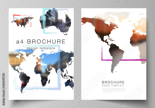 Vector layout of A4 cover mockups templates for brochure, flyer layout, cover design, book design, brochure cover. Design template in the form of world maps and colored frames, insert your photo.