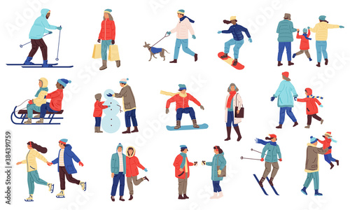 Winter activity people. Cartoon crowd of characters playing snowballs, snowboarding, skiing. Family walks with dogs, outdoor extreme sport. Cold season outerwear and goods advertising vector set