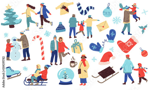 Winter set. People in cozy clothes with Christmas doodle elements, advertising warm scarf sweater hat gloves. Cold season leisure activity, outdoor sport games. Vector december vacation collection