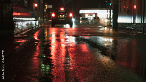 Way or Road Reflecting Lights on A Rainy Day, Traffic Image with Cars
