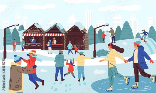 People in winter park. Cartoon happy families doing seasonal winter activities, skating, snowboarding, skiing. Snowy city park with ice rink and local food and gift shops. Vector outdoor illustration
