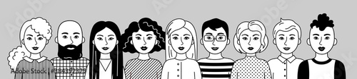 Group of people, men and women of different nations, black and white. Set of Asian, European, African cartoon simple portraits. Multiethnic society. Diversity. Avatars. Vector flat illustration.