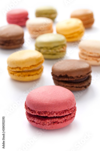 Colorful French Macarons on the white background