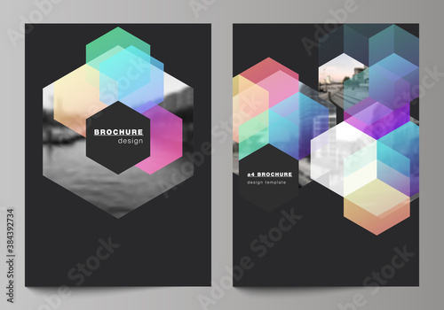 Vector layout of A4 format cover mockups design templates with colorful hexagons, geometric shapes, tech background for brochure, flyer layout, booklet, cover design, book design, brochure cover.