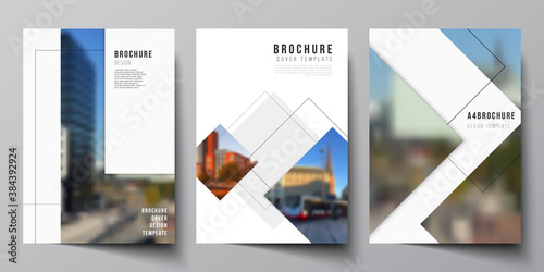 Vector layout of A4 format cover mockups design templates with geometric simple shapes, lines and photo place for brochure, flyer layout, booklet, cover design, book, brochure cover.