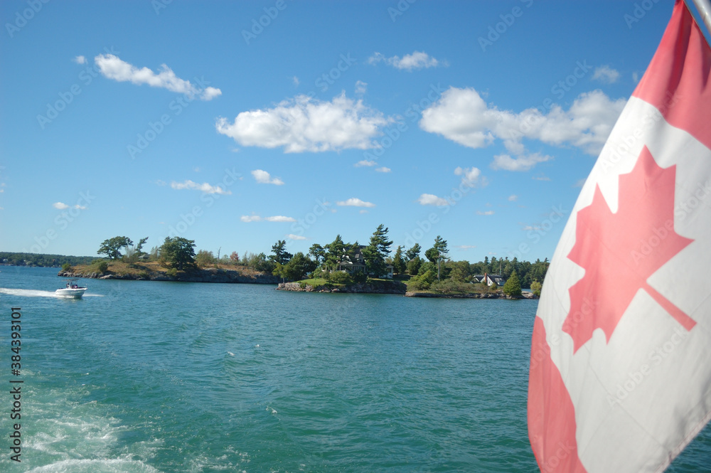 Fototapeta premium water, lake, Islands, green trees, recreation, buildings, clouds, sky