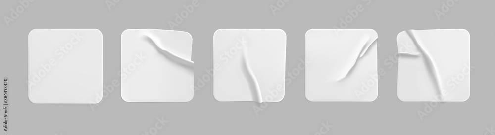 White square glued stickers mock up set. Blank white adhesive square paper or plastic sticker label with wrinkled, crumpled effect. Blank template label tags. 3d realistic vector White square glued stickers mock up set. Blank white adhesive square paper or plastic sticker label with wrinkled, crumpled effect. Blank template label tags. 3d realistic vector