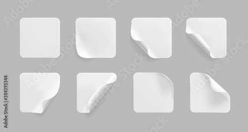 White square glued stickers with curled corners mock up set. Blank white adhesive square paper or plastic sticker label with wrinkled, crumpled effect. Blank template label tags. 3d realistic vector