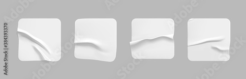 White square glued stickers mock up set. Blank white adhesive square paper or plastic sticker label with wrinkled, crumpled effect. Blank template label tags. 3d realistic vector