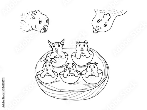 The lovely children of the family of chickens by doodle vector.