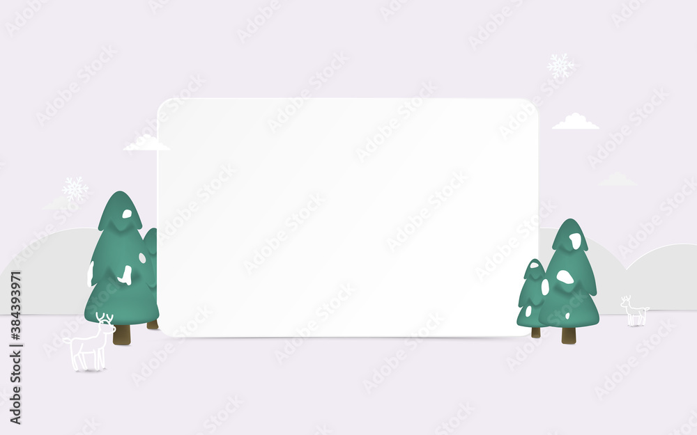 Fototapeta premium Merry Christmas and New Year. Winter landscape with 3d Christmas tree and snowflakes. Website template. Vector illustration