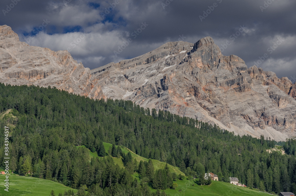 La Varella mountain with Forcela [Pass] de Medesc, Dolomites of Fanes-Senes-Braies mountain park, above Val Badia [valley], seen from Pedraces village, Badia village, South Tirol, Alto-Adige, Ital