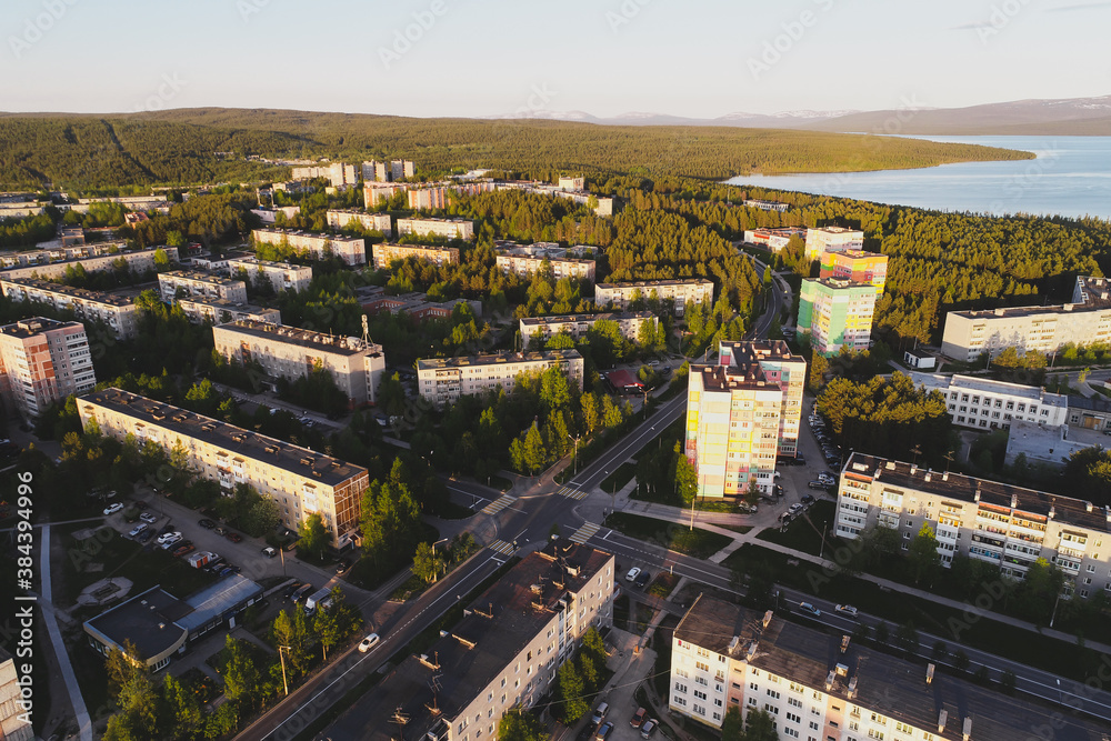 Fototapeta premium Aerial Townscape of Town Poliarnye Zori located in Northwestern Russia