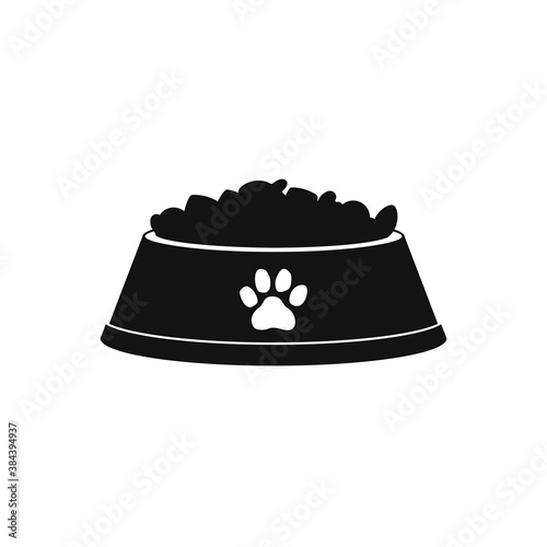 Dog or cat dry food bowl icon. Black pet bowl with dry food crisps. Flat style vector illustration isolated on white background