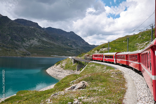 Bernina Pass, Switzerland - July 22, 2020 : View of Bernina train