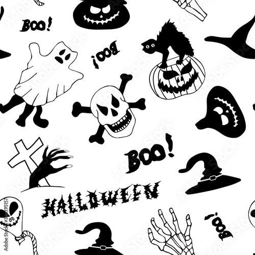 Seamless pattern in Doodle style. Illustration on the theme of Halloween. Image with skulls  pumpkins  hats and bones