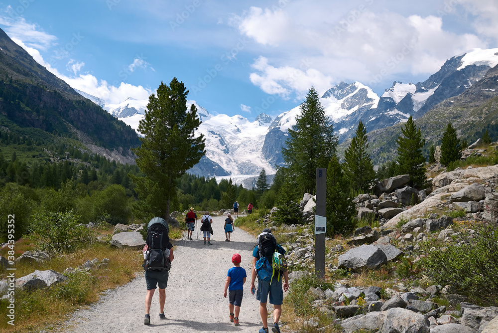 Morteratsch, Switzerland - July 22, 2020 : View of Morteratsch Glacier trail