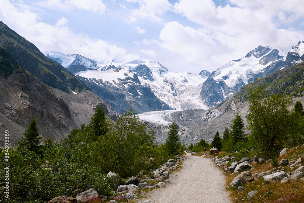 Morteratsch, Switzerland - July 22, 2020 : View of Morteratsch Glacier trail