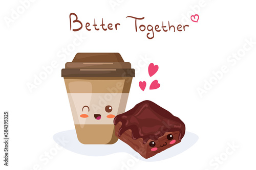 Coffee Cup with sweet chocolate brownie. Vector kawaii cartoon food illustration isolated on white background. Funny dessert mascot. Use for cute children cafe menu, card, poster, t-shirt print.