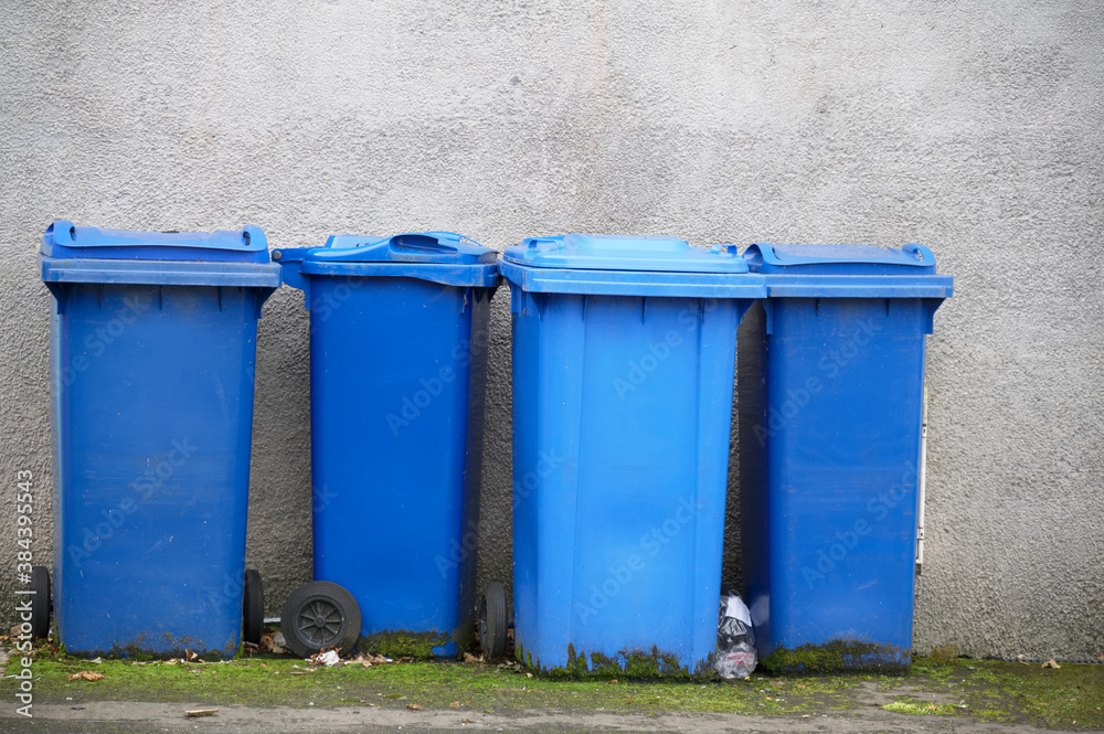 Blue recycle wheelie bins in row for collection outside house Blue recycle wheelie bins in row for collection outside house