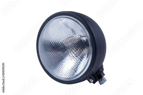 High-beam headlight in a metal case with a diameter of 161 mm on a white background