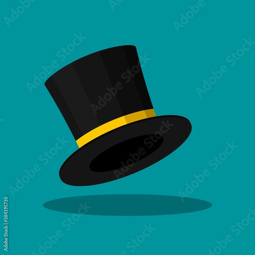 Black Top Hat isolated on blue background. Cylinder gentleman hat, broad-brimmed magic hat with yellow ribbon. Stylish men accessory. Vector illustration