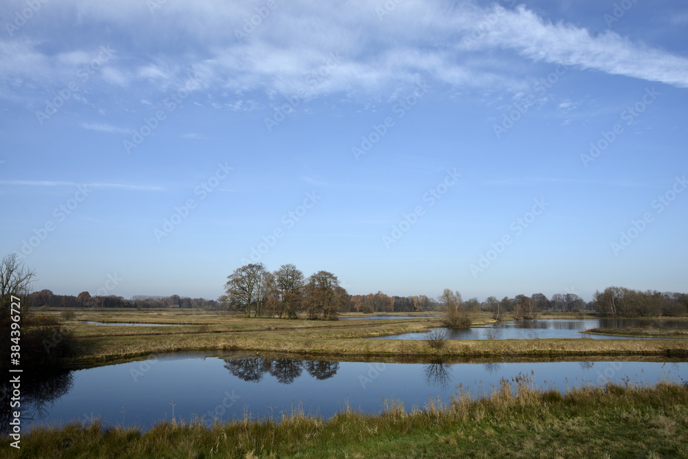 Nature reserve with lakes in sunny weather near Paderborn, NRW