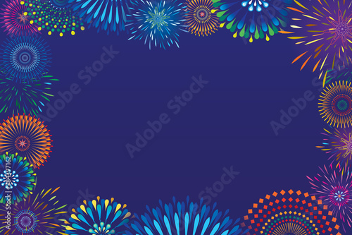 Vector illustration of a festive colorful fireworks display  at night scene for holiday and celebration background design.
