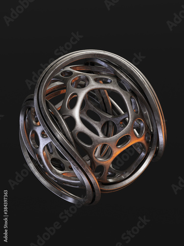 Abstract curved metal sphere isolated on black background, 3d rendering of steel ball frame empty inside 