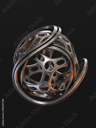 Abstract curved metal sphere isolated on black background, 3d rendering of steel ball frame empty inside 