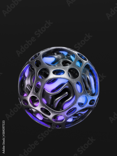 Abstract curved illuminated glowing orb isolated on black background, 3d rendering
