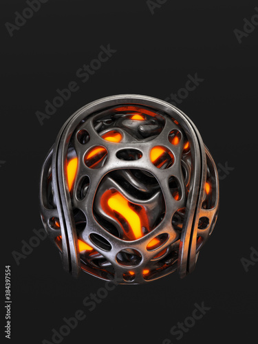 Abstract curved illuminated glowing orb isolated on black background, 3d rendering