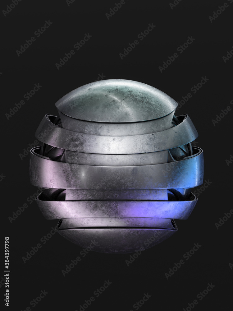 Abstract curved steel ball isolated on black background, 3d rendering
