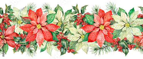 Watercolor seamless christmas border, poinsettia red flowers, holly berries, white poinsettia, new year decor photo