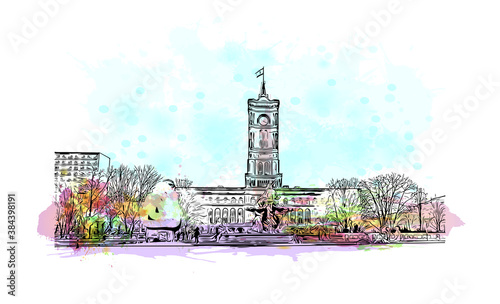 Building view with landmark of Berlin, Germany’s capital, dates to the 13th century. Watercolor splash with hand drawn sketch illustration in vector.