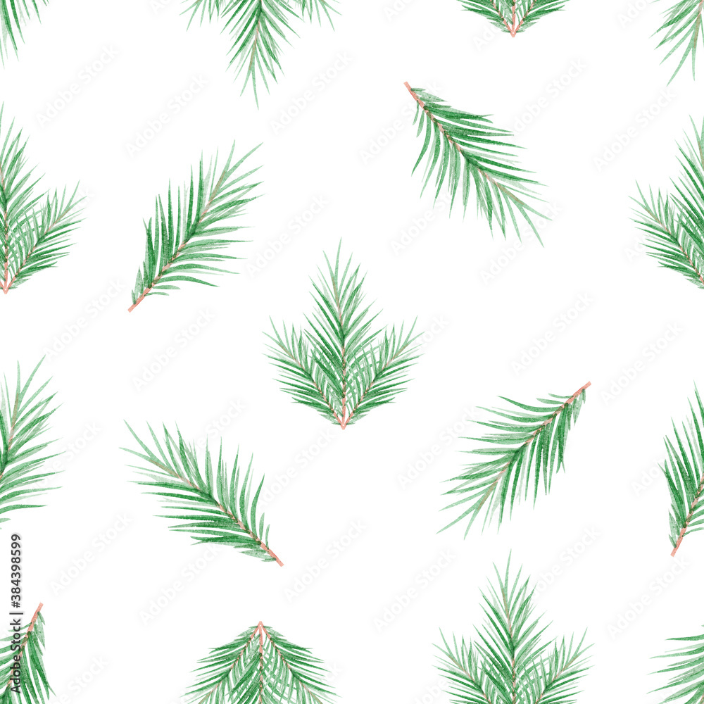 watercolor green spruce branches seamless pattern on white background. Christmas print for fabric, textile, wrapping, scrapbook watercolor green spruce branches seamless pattern on white background. Christmas print for fabric, textile, wrapping, scrapbook