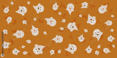 Fototapeta Naklejka Na Ścianę i Meble -  Happy Halloween Party Background with pumpkins, ghosts, candy, witch broom, bats, cobwebs, skulls, bones, headstones, witch hats. Paper art style. Vector Illustration icon doodle seamless pattern