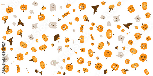 Fototapeta Naklejka Na Ścianę i Meble -  Happy Halloween Party Background with pumpkins, ghosts, candy, witch broom, bats, cobwebs, skulls, bones, headstones, witch hats. Paper art style. Vector Illustration icon doodle seamless pattern
