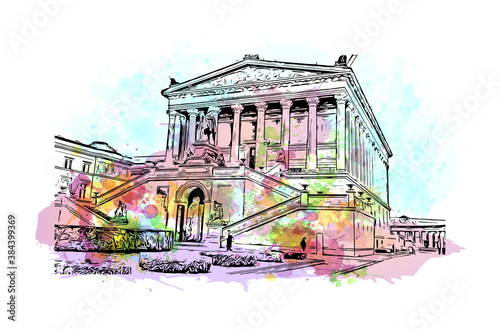 Building view with landmark of Berlin, Germany’s capital, dates to the 13th century. Watercolor splash with hand drawn sketch illustration in vector.