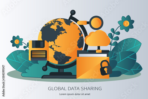 Global data sharing. Flat vector illustration
