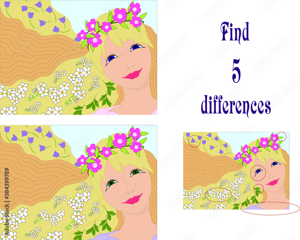 Find 5 differences. Girl's portrait. 
 In the girl's hair are patterns of flowers. The girl smiles. 
Illustration for children. 
Light colors.
