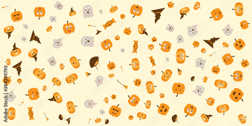 Happy halloween holiday background with pumpkin ghost and candies. Vector illustration