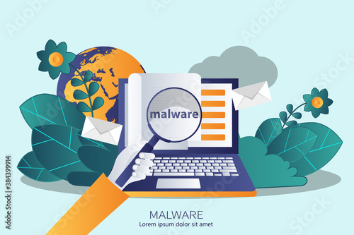 Document with malware in laptop. Concept of virus, piracy, hacking and security. Website banner of e-mail protection, anti-malware software. Flat vector illustration.