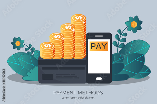 On line shopping and payment Methods. Mobile payments. Flat vector illustration