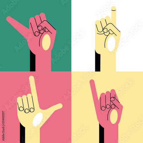 hand sign language alphabet line and fill style icons collection vector design