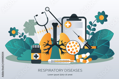Human lungs with hand holding magnifying glass showing viruses and bacteria. Respiratory diseases concept. Flat vector illustration