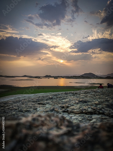 sunset on the jawai dam like a beach  photo