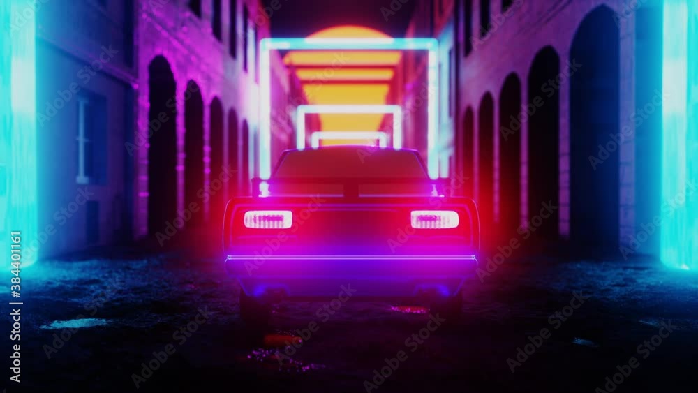 Retro futuristic car in vintage space city. 3D render animation seamless loop of moving vehicle with neon lights and cyberpunk sun. Space arcade fantasy concept